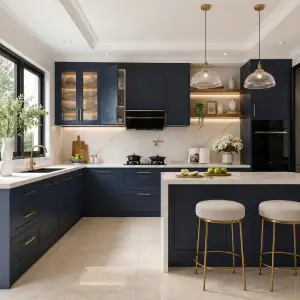 Kitchen Set Navy Shaker dengan Island dan Top Marmer