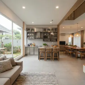 Kitchen Set Stainless dengan Kitchen Island dan Open Shelf