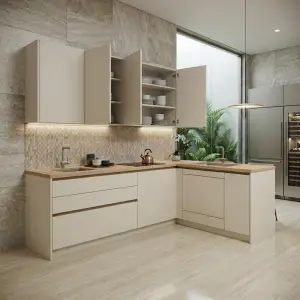 Kitchen Set Sudut Minimalis Finishing Doff Kombinasi Kayu [2]