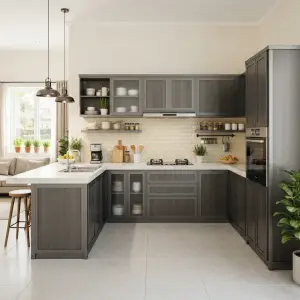 Kitchen Set U-Shape Dark Grey dengan Marble Countertop dan Glass Cabinet [2]