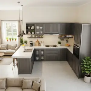 Kitchen Set U-Shape Dark Grey dengan Marble Countertop dan Glass Cabinet [4]