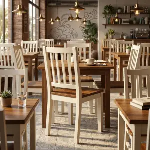 Kursi Cafe Kayu Slat Back Dua Tone Putih Natural