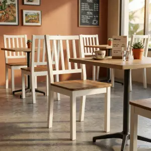 Kursi Cafe Kayu Slat Back Dua Tone Putih Natural [4]