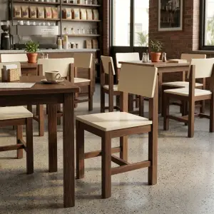 Kursi Cafe Kayu Solid Rangka Dark Walnut Dudukan Cream