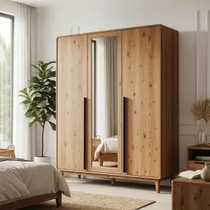 Lemari Pakaian 3 Pintu Finishing Oak dengan Cermin