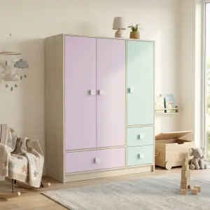 Lemari Pakaian Anak 3 Pintu Kombinasi Warna Pastel dengan Laci