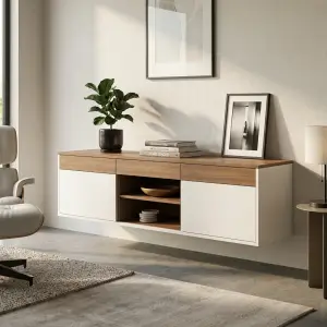 Lemari TV Floating Kayu Walnut Kombinasi Duco Putih [2]