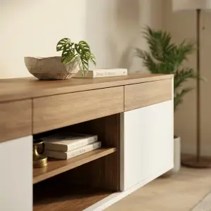 Lemari TV Floating Kayu Walnut Kombinasi Duco Putih [3]