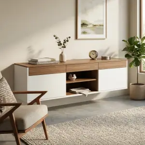 Lemari TV Floating Kayu Walnut Kombinasi Duco Putih [4]