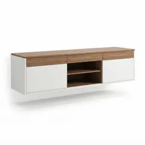 Lemari TV Floating Kayu Walnut Kombinasi Duco Putih [5]