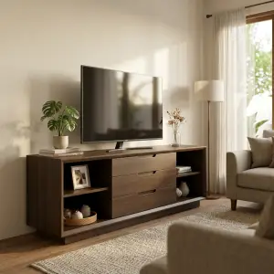 Lemari TV Kayu 3 Laci dengan Rak Terbuka