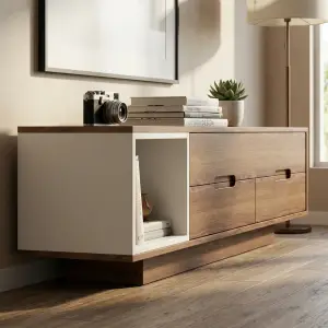 Lemari TV Kayu Minimalis Dua Laci dengan Open Shelf [2]
