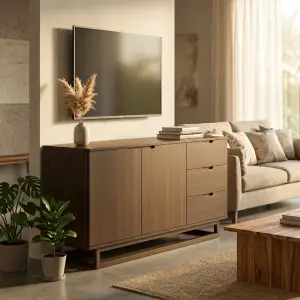 Lemari TV Kayu Walnut Minimalis dengan Laci dan Pintu Cabinet [2]