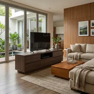 Lemari TV Kayu Walnut Minimalis dengan Laci dan Rak Terbuka [2]