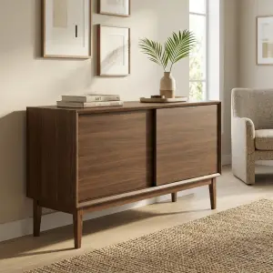 Lemari TV Sideboard Pintu Geser Gaya Mid-Century