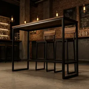 Meja Bar Industrial Rangka Besi Hollow Top Walnut [4]