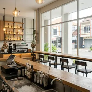 Meja Bar Rangka Besi Top Kayu