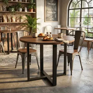 Meja Cafe Bulat Top Kayu Kaki Besi Silang