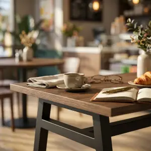 Meja Cafe Kaki Trapesium Metal Top Kayu Industrial [4]