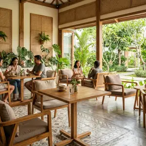 Meja Cafe Kayu Solid Kaki Silang