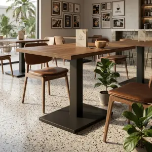 Meja Cafe Kayu Top Kaki Besi Single Pedestal [2]