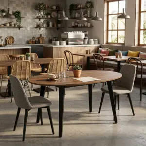 Meja Cafe Oval Top Kayu Kaki Besi Hitam