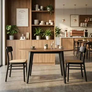 Meja Cafe Oval Top Kayu Kaki Besi Hitam [3]