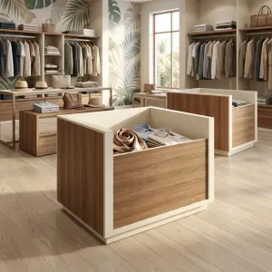 Meja Display Island Open Top Kombinasi Kayu dan HPL