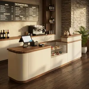 Meja Kasir Cafe Display Kaca Walnut Cream