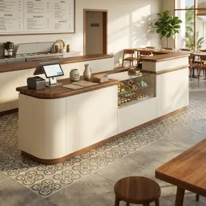 Meja Kasir Cafe Display Kaca Walnut Cream [4]