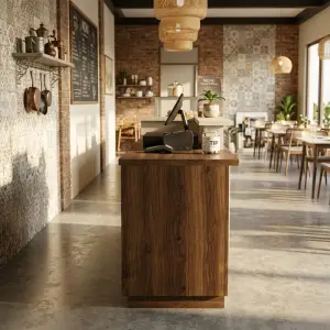 Meja Kasir Cafe Display Kaca Walnut Cream