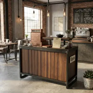 Meja Kasir Industrial Kayu Walnut Rangka Besi dengan Rak Monitor [2]