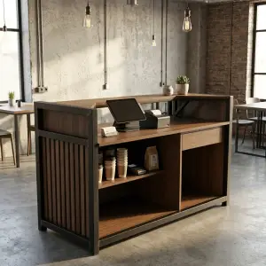 Meja Kasir Industrial Rangka Besi Finishing Walnut [2]