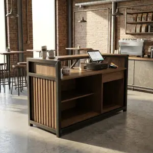 Meja Kasir Industrial Rangka Besi Finishing Walnut [4]