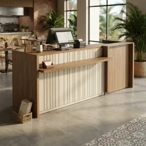 Meja Kasir Kayu Scandinavian dengan Rak Tengah dan Panel Slatwall [2]