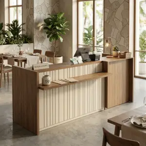 Meja Kasir Kayu Scandinavian dengan Rak Tengah dan Panel Slatwall [4]