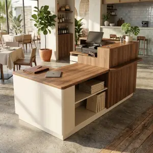 Meja Kasir L-Shape Finishing Walnut & Doff Putih [3]
