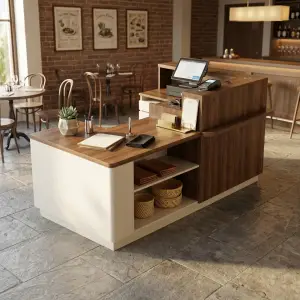 Meja Kasir L-Shape Finishing Walnut & Doff Putih [4]