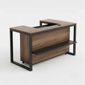 Meja Kasir L-Shape Rangka Besi Finishing Walnut