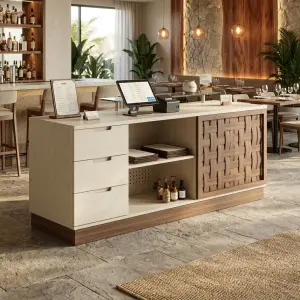 Meja Kasir Restoran Motif Anyaman Kayu