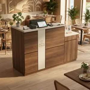 Meja Kasir Restoran Woodgrain Dua Level [4]