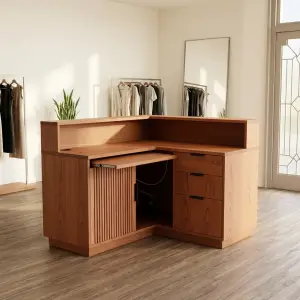 Meja Kasir Sudut L Kayu dengan Laci dan Sliding Tray [2]