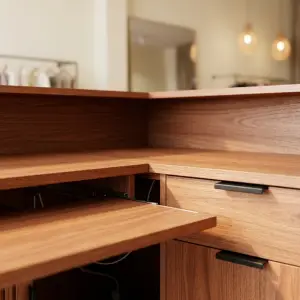 Meja Kasir Sudut L Kayu dengan Laci dan Sliding Tray [3]