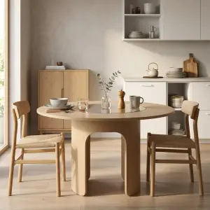 Meja Makan Bulat Kayu dengan Lazy Susan Kaca