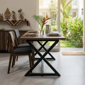 Meja Makan Kaki X Besi Top Kayu Industrial [2]