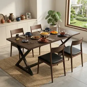 Meja Makan Kaki X Besi Top Kayu Industrial [3]