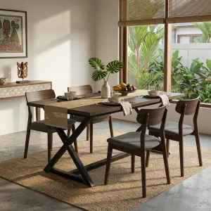 Meja Makan Kaki X Besi Top Kayu Industrial [4]