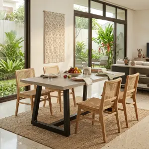 Meja Makan Kayu Kaki Metal Trapesium Industrial [3]