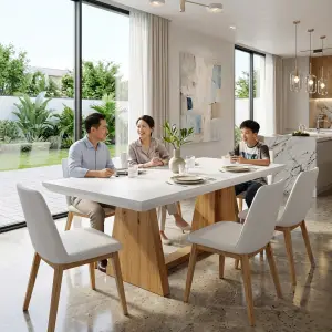 Meja Makan Kayu Scandinavian White Top Trapezoid Base [5]