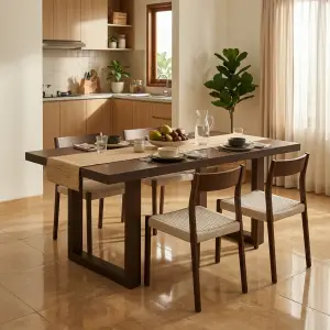 Meja Makan Kayu Solid Kaki U-Frame Dark Walnut [2]